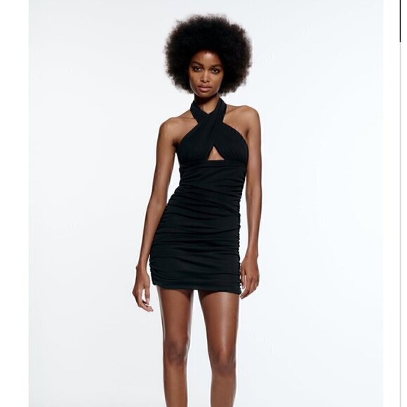 #15 NWT Zara Draped Halter Dress in Black - Picture 1 of 10